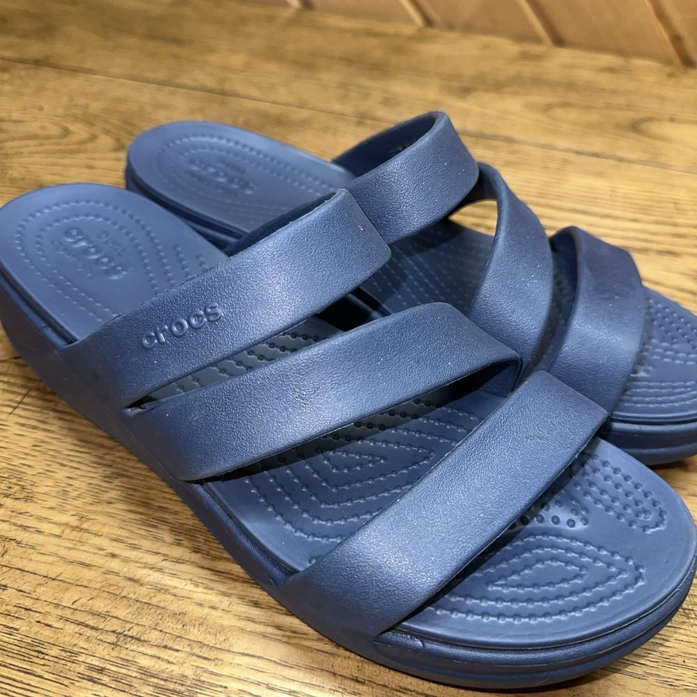 Crocs Monterey Navy Blue Strappy Wedge Sandals‎ Slides Dual Comfort Women's 10
